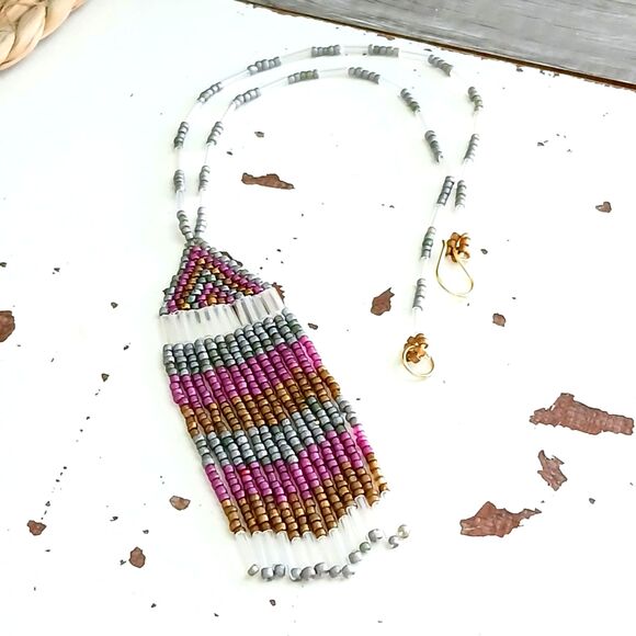 Boho Chic Beaded Fringe Choker Necklace, Seed Bead Jewelry, Statement, 14" - Picture 5 of 6